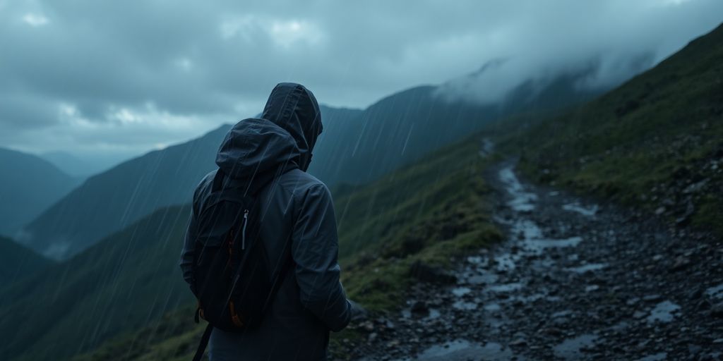Hiker in rain with mountain backdrop, wearing waterproof gear.