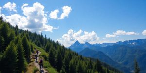 Hikers on a mountain trail, vibrant green trees, distant peaks.