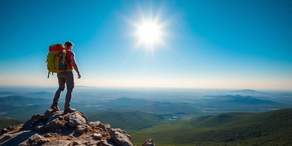 Hiker with backpack at mountain summit.