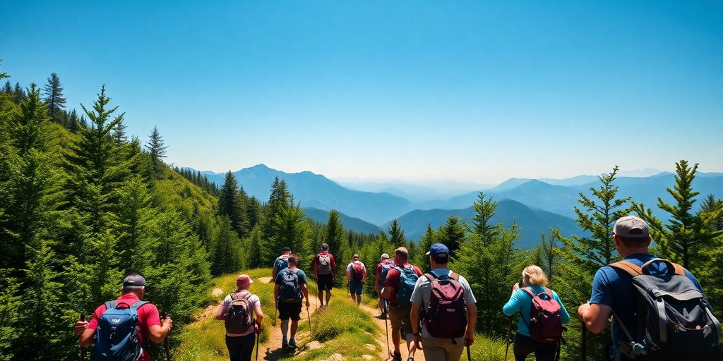 Hikers enjoying scenic mountain trail.