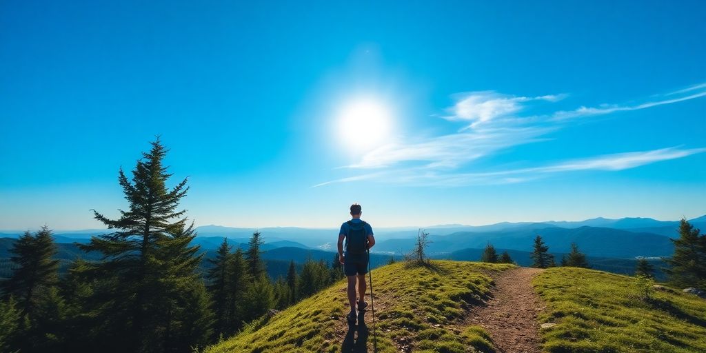 Hiker on mountain trail, sunlit, with expansive views.