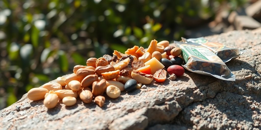 Assorted trail mix, dried fruit, and energy bars on a rock.
