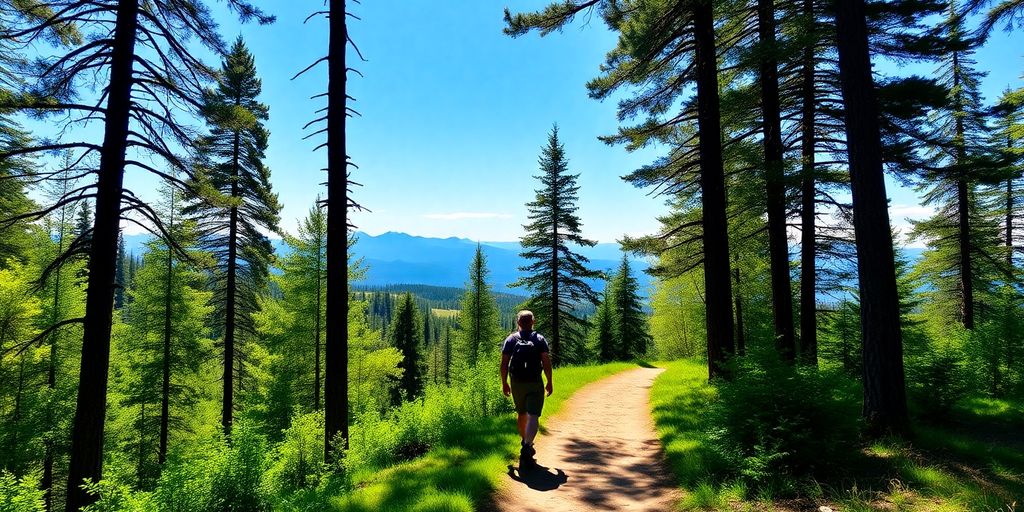 Hiker walking on a scenic mountain trail.