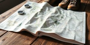 Trail map on a wooden table.